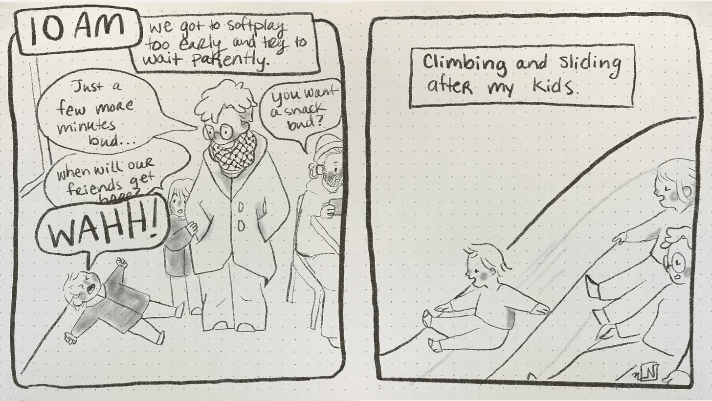 A 2 panel comic. 1st panel: 10AM, the caption reads “we got to Softplay too early and try to wait patiently.” A toddler lays on the floor crying loudly, the author and mum says “just a few more minutes bud..” the daughter clings to her mum’s arm and says “when will our friends get here?”  2nd panel: three people slide down a large slide with multiple lanes, a toddler is in front and furthest away, the 5 year old daughter is at the top in the middle lane and the mum in in the lowest lane a bit further down from the 5 year old. The caption says “climbing and sliding after my kids.”