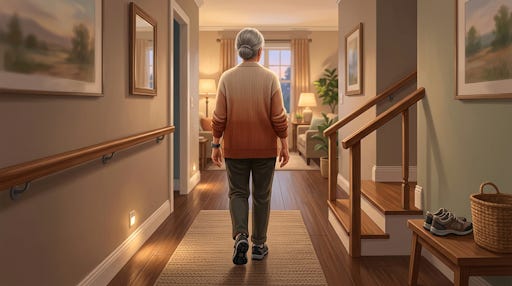 An older woman walking down a hallway. An older woman walking down a hallway.