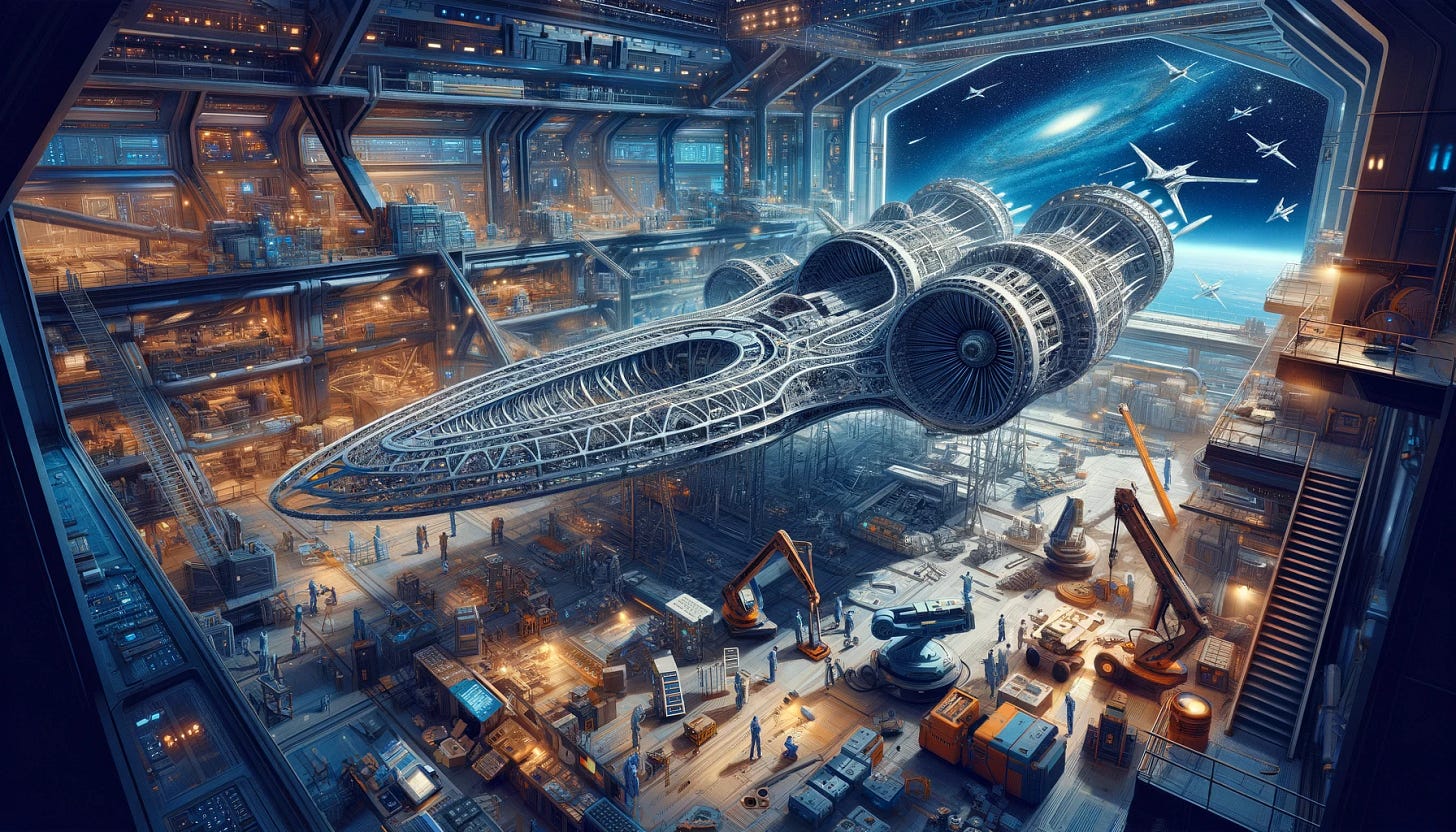 An illustration of an antimatter spaceship under construction in a futuristic space station. The scene is bustling with activity, showing engineers and robots working on various parts of the spaceship. The spaceship itself is sleek and advanced, with a partially built frame exposing its intricate inner workings. The space station is filled with advanced technology, with large windows revealing a stunning view of space and distant stars. Various machinery and tools are scattered around, with beams of light illuminating the construction area, highlighting the complexity and scale of the project.