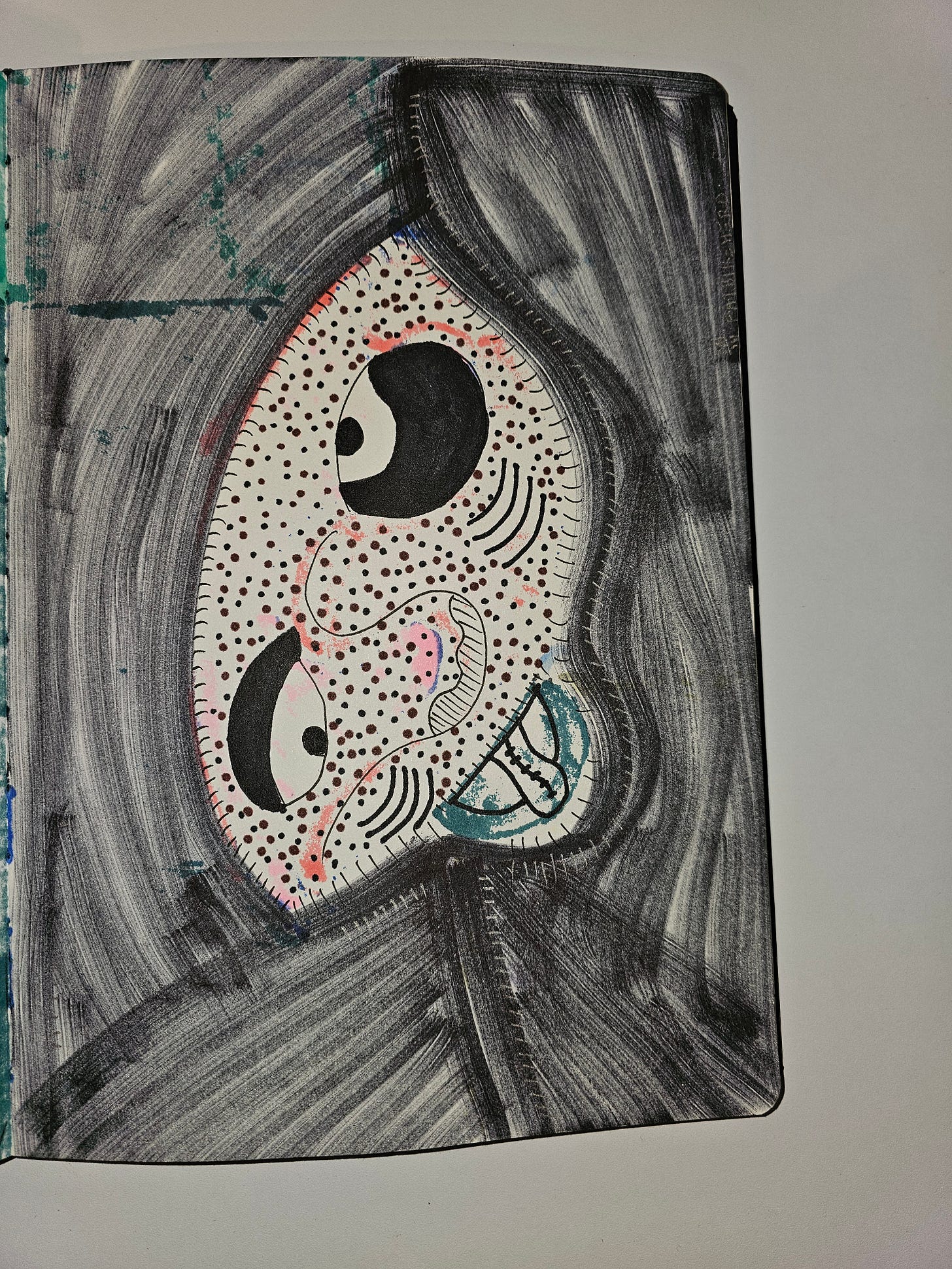 A neo-primitive drawing by FatbikeHero titled “LLM Leopard.” It features a stylized face of a leopard or wild cat composed entirely of stippled dots in black, pink, and teal. The background is filled with chaotic, dark grey marker scribbles. The expression is wide-eyed and intense.