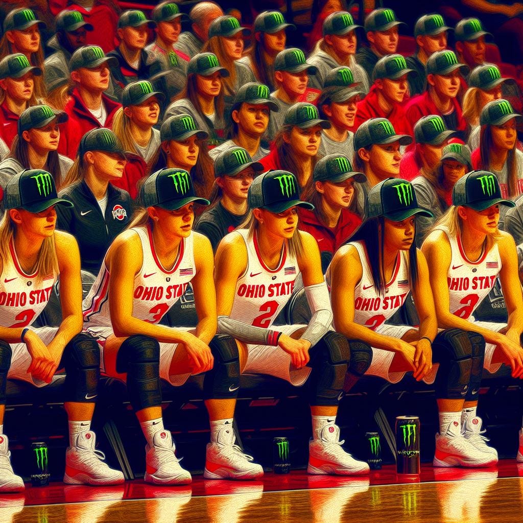 The Ohio State women's basketball team, all wearing Monster Energy hats, playing a basketball game, impressionism The Ohio State women's basketball team, all wearing Monster Energy hats, playing a basketball game, impressionism