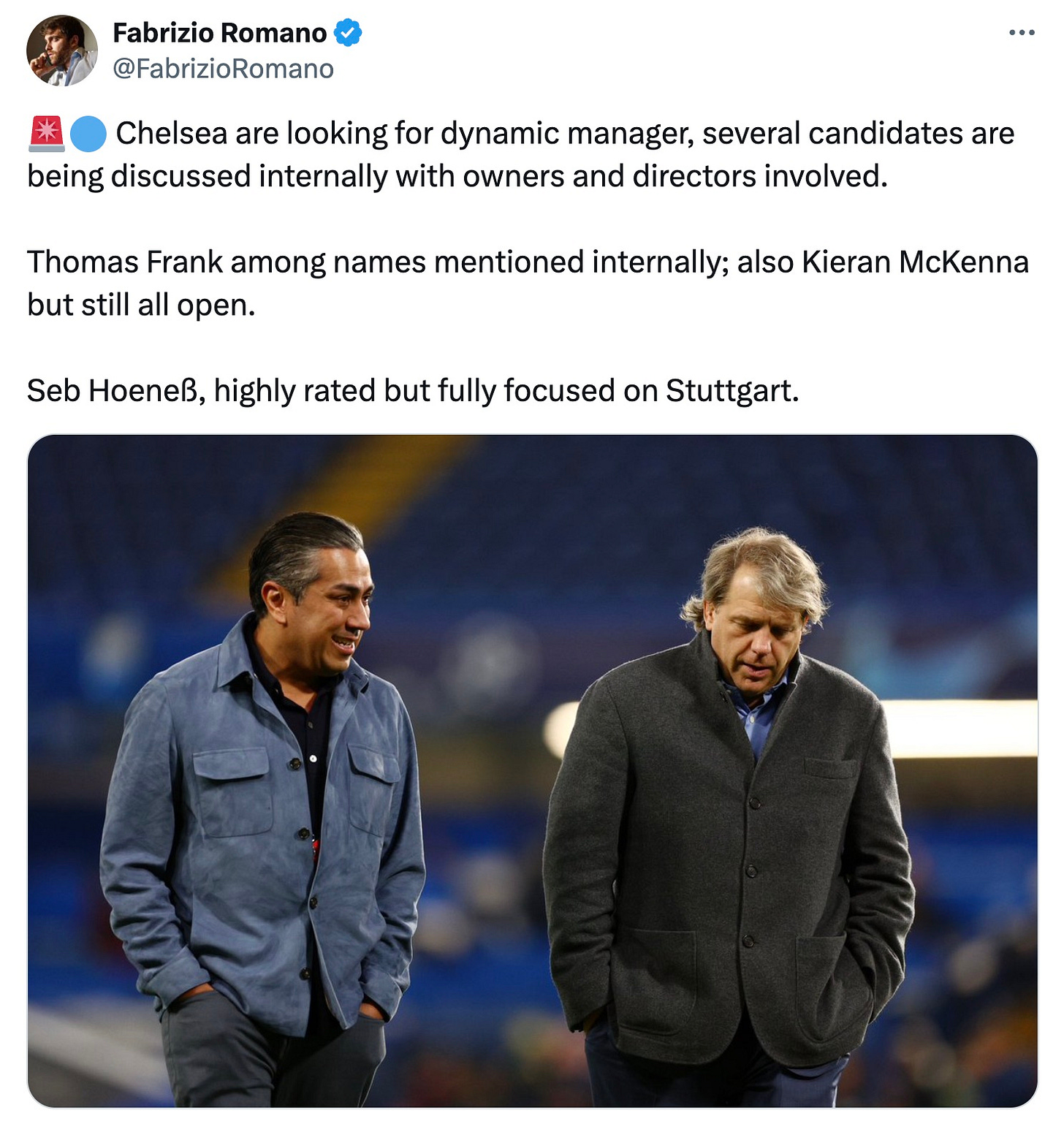 A tweet by Fabrizio Romano in May 2024 about Chelsea's search for a new manager