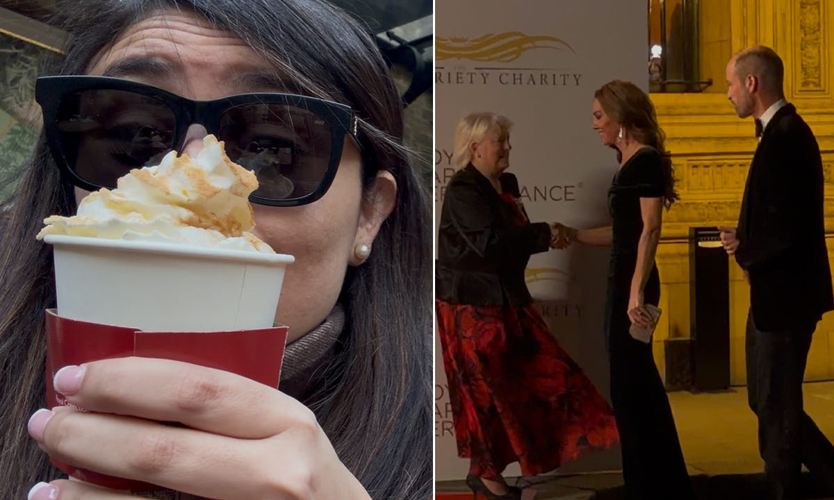 Woman holding cup of creamy hot chocolate on the left and Prince William and Princess Kate on the right