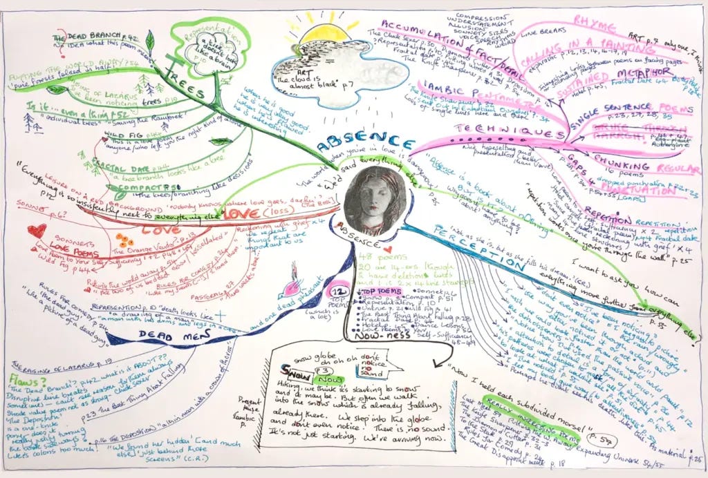 Photo of Nell's Mind Map – a small b&w pic of a woman's face in the middle and branches coming out from it with text written along the branches