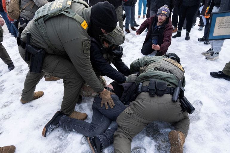 Federal agents tackle a protester to the ground before detaining him outside of the Whipple Federal Building as immigration enforcement action continues, following the fatal shooting of Renee Nicole Good by a U.S. Immigration and Customs Enforcement (ICE) agent, in Minneapolis, Minnesota, U.S., January 8, 2026. REUTERS/Tim Evans Federal agents tackle a protester to the ground before detaining him outside of the Whipple Federal Building as immigration enforcement action continues, following the fatal shooting of Renee Nicole Good by a U.S. Immigration and Customs Enforcement (ICE) agent, in Minneapolis, Minnesota, U.S., January 8, 2026. REUTERS/Tim Evans