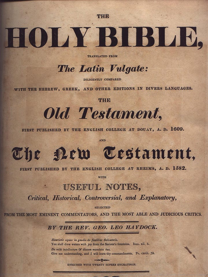 Top row: Rev. George Leo Haydock, his Bible Commentary. Bottom row: Vicar Apostolic Richard Challoner, Abbot Antoine Augustin Calmet.