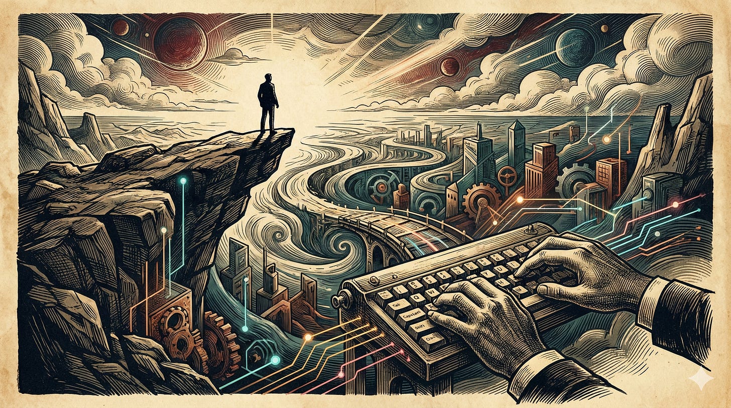 Illustration of a person at desk enjoying repetitive data entry work while brain relaxes in the age of AI