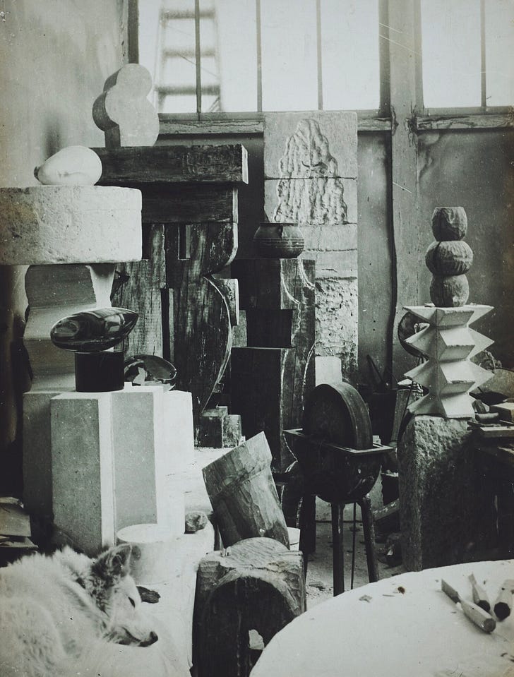 "VU D'ATELIER AVEC POLAIRE" from 1922. Polaire sleeping in the studio located at 11 Impasse Ronsin in Paris's 15th arrondissement, where Brancusi lived and worked from