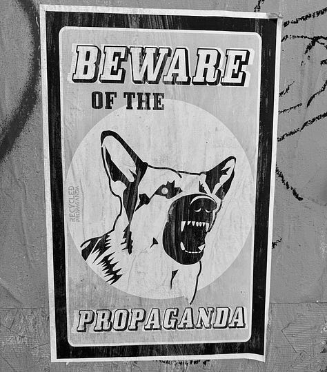 Mural of Hunter S. Thompson, graffiti art of a wolf that says "Beware of the propaganda", and a melted popsicle on the sidewalk.