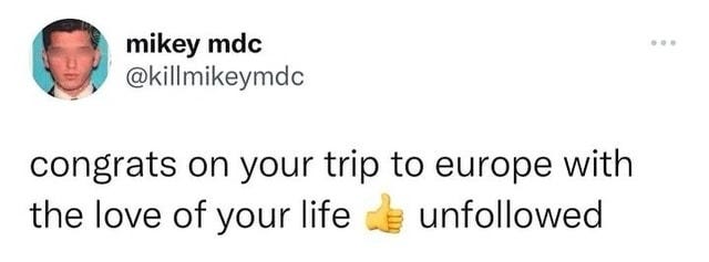 Congrats on your trip to europe with the love of your life unfollowed -  iFunny