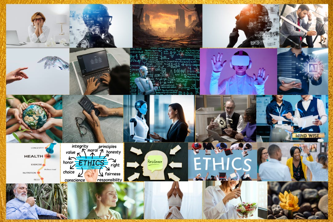 Collage with 25 pictures on the theme of AI, dears, challenges, adaptation, ethics, human connection, finding wellness, and well-being, with pictures of people, participation in engaging healthy activities. Collage with 25 pictures on the theme of AI, dears, challenges, adaptation, ethics, human connection, finding wellness, and well-being, with pictures of people, participation in engaging healthy activities.