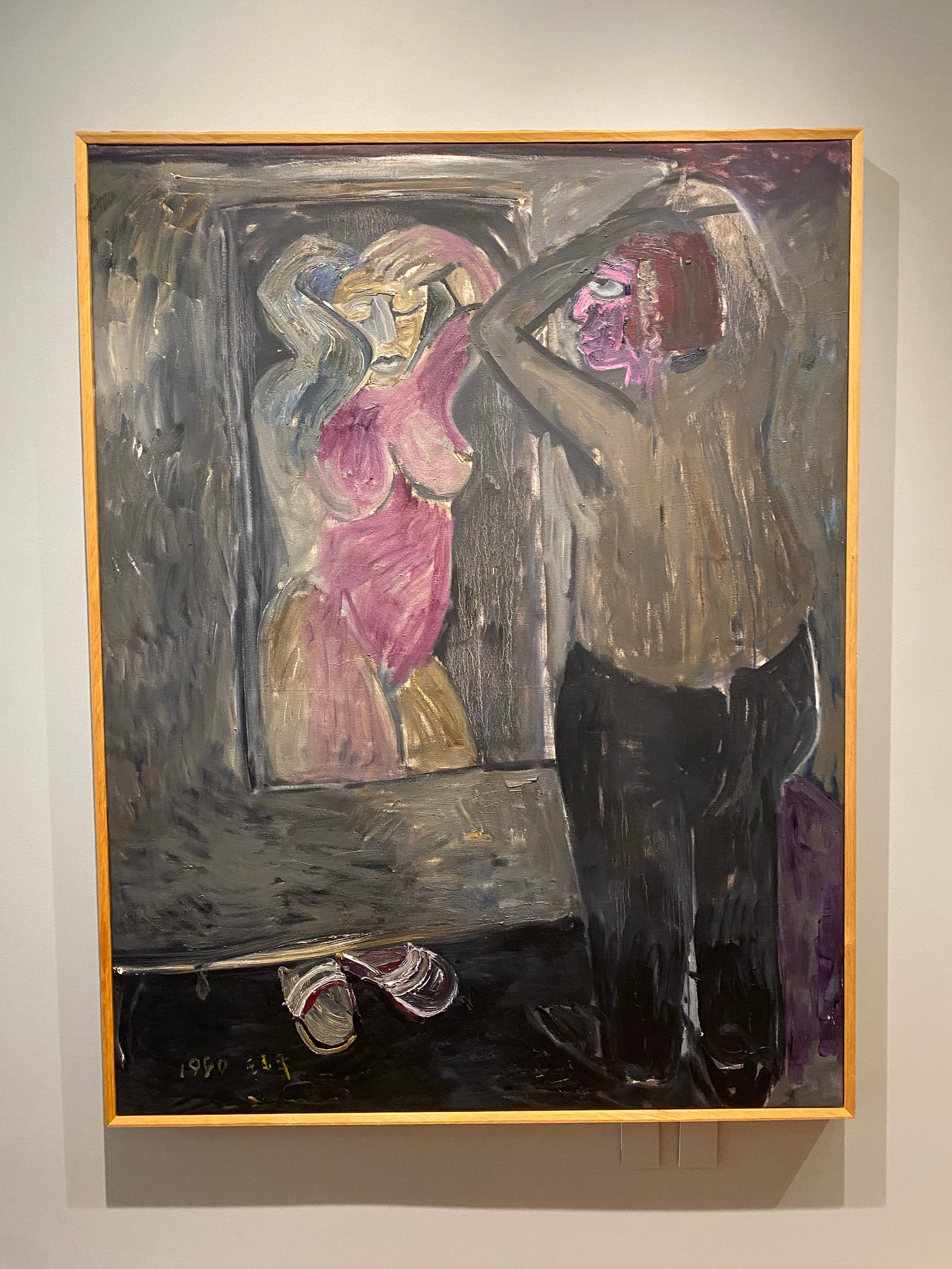 Painting of a shirtless man looking into a mirror, where he sees a naked woman with large breasts.