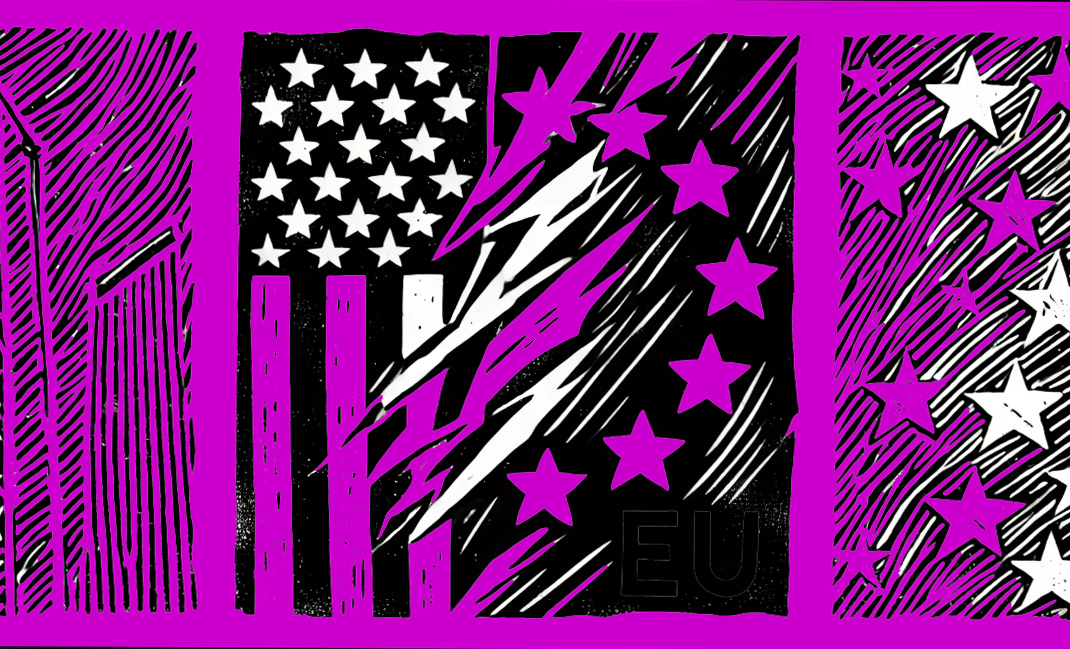 distorted flag combining EU and US flags ripped, in magenta, black and white. Image created by AI using Dall-E / ChatGPT
