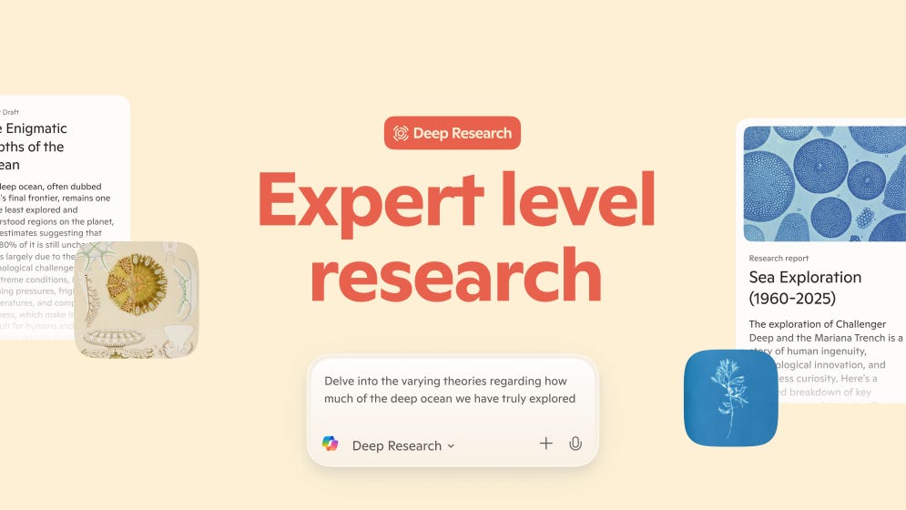 An image of the Copilot Deep Research screen with the words: Expert level research.