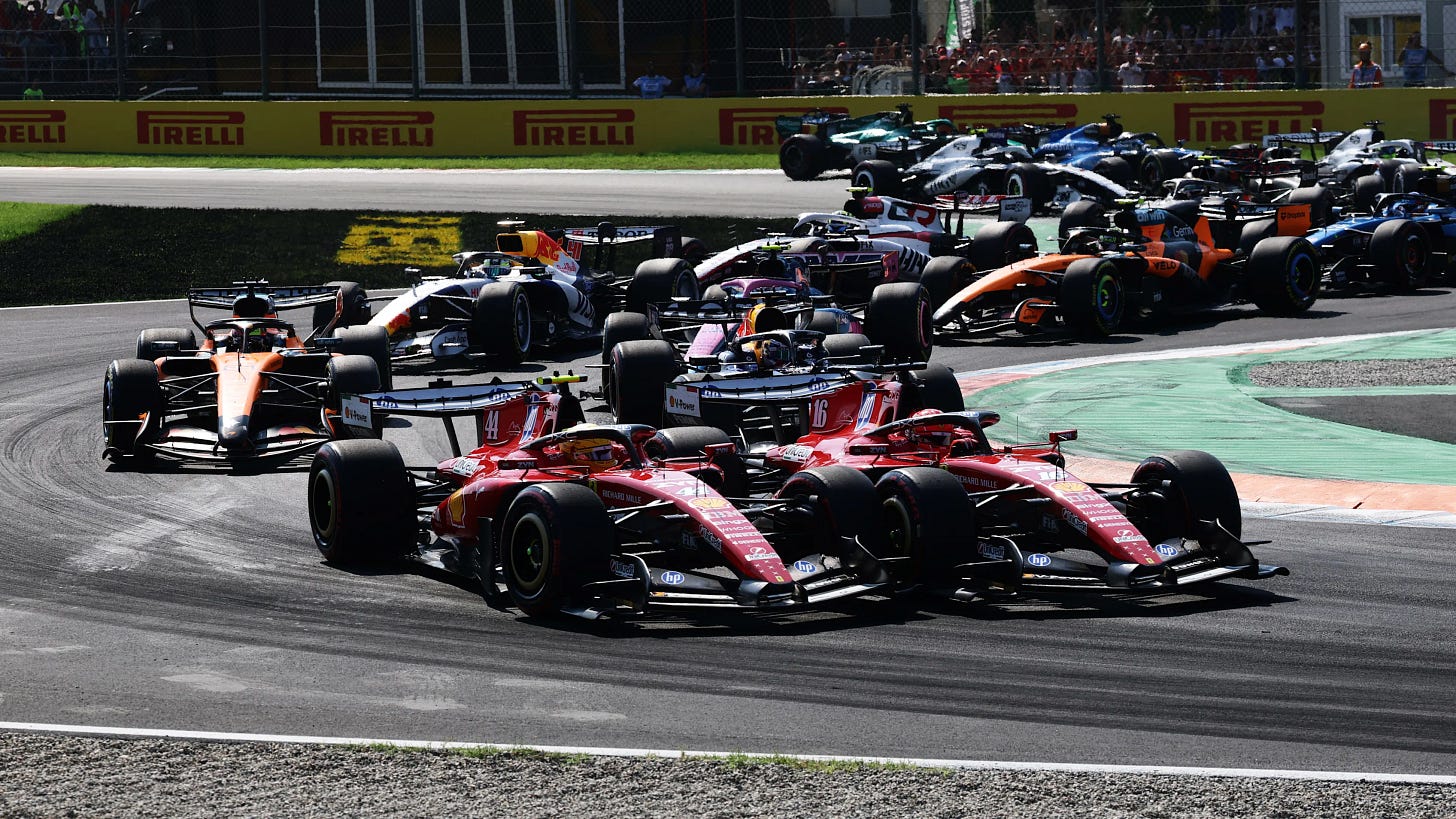 MONZA, ITALY - SEPTEMBER 06: Charles Leclerc of Monaco driving the (16) Scuderia Ferrari SF-26 and MONZA, ITALY - SEPTEMBER 06: Charles Leclerc of Monaco driving the (16) Scuderia Ferrari SF-26 and