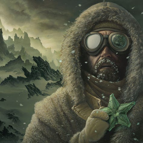 LEFT: Foreground detail from AT THE MOUNTAINS OF MADNESS featuring an Arctic explorer in fur-lined parka holding up a five-pointed jade star with most of the tips broken off. The left lens of his goggles flares with light while the other reflects an abstract horror with dozens of eyes and jagged teeth forming an angled, distorted maw. A scarf partially covers the explorers chin, and his beard frosted with an accumulation of snow that is still falling. CENTER: Background detail from AT THE MOUNTAINS OF MADNESS featuring skull shapes in a cluster of rocks projecting to the upper left. Drifts of snow fill the low ground between the rocks projecting out. RIGHT: Foreground detail from AT THE MOUNTAINS OF MADNESS featuring the five-pointed star in the explorer's mittened hand. The gloves are unique in that only the index finger and thumb are separate. The texture of the starfish-shaped relic looks like engraved jade with a simpler five-pointed star set at the center. A tentacle shape reaches to the points of the outer star set with a glossy bead. The other three points visible are broken off.