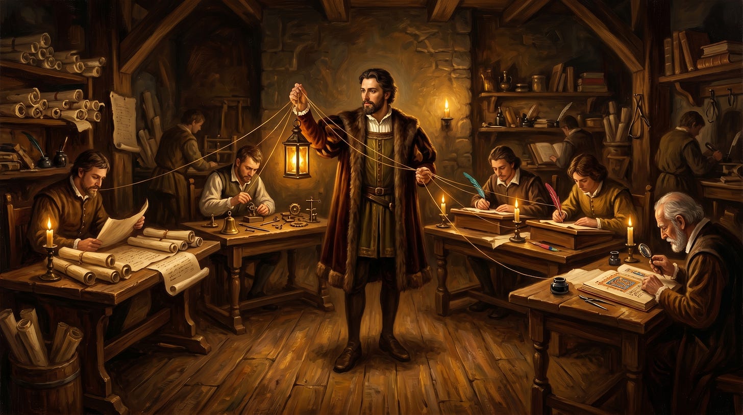 Claude Code agent harness shown as a workshop master coordinating scribes with threads and a lantern