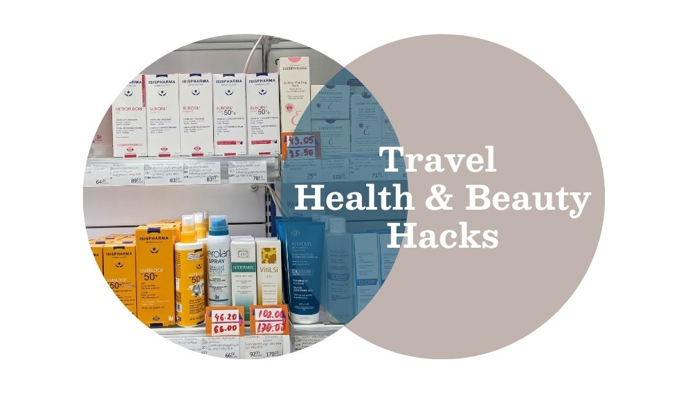 Two interlocking circles, on the right is a grey one with white font and on the left is a photo of jars and bottles from a pharmacy shelf.