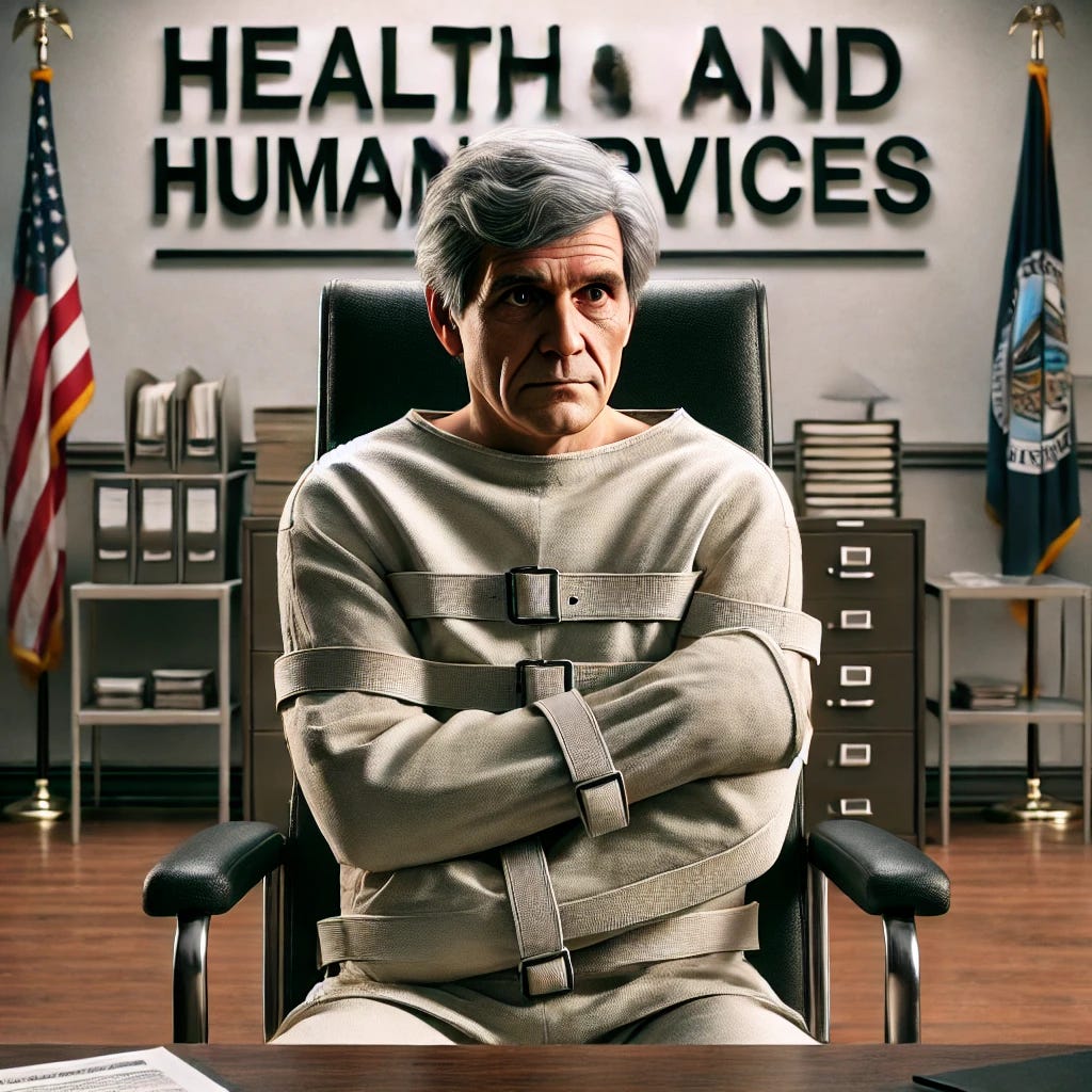 A realistic image of an older white man with grayish-brown hair sitting at a desk wearing a highly restrictive straight jacket. His arms are tightly bound across his chest, and the straps are secured firmly. He has a serious, contemplative expression. Behind him is a large official-looking sign that reads 'Health and Human Services'. The setting resembles a government office, with a formal desk, papers, and a professional atmosphere.