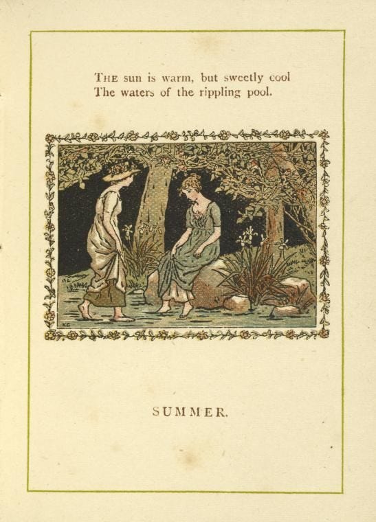 This may contain: an old book with two women in the woods and one woman standing next to her
