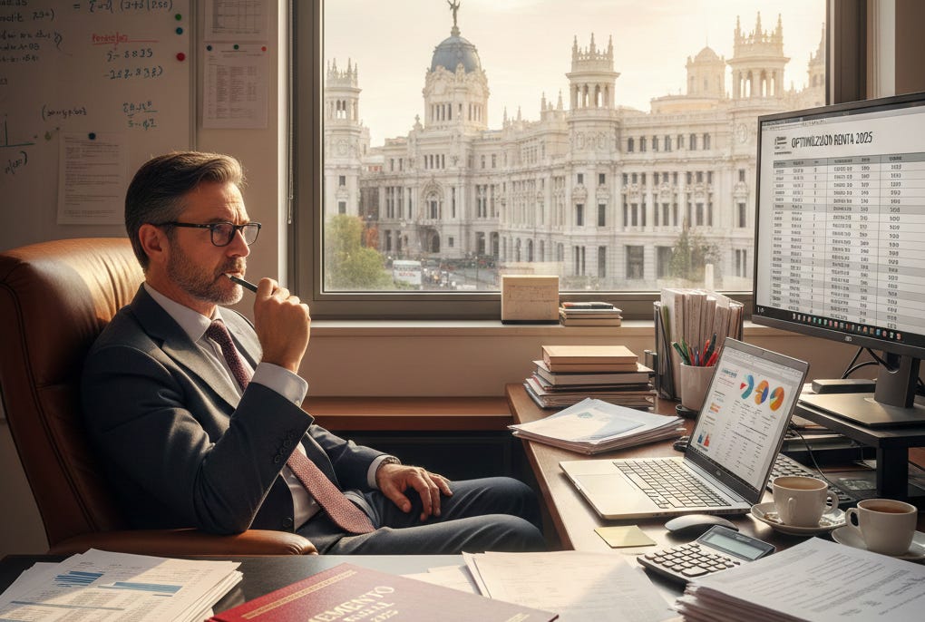 Asesor fiscal en su despacho haciendo cálculos de optimización fiscal para sus clientes