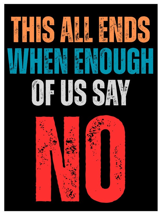 From top left, a hand drawing of a camoflouged missile and a bloody hand around the words "War Is Not A Game" and "Blood on His Hands"; a photo of Donald Trump edited so he is wearing a tshirt that reads Iran Away From the Epstein Files; stylized text reading "This All Ends When Enough of Us Say No" on a black background, and a picture of Lady LIberty holding up a sign that says "when injustice becomes law resistance becomes duty."