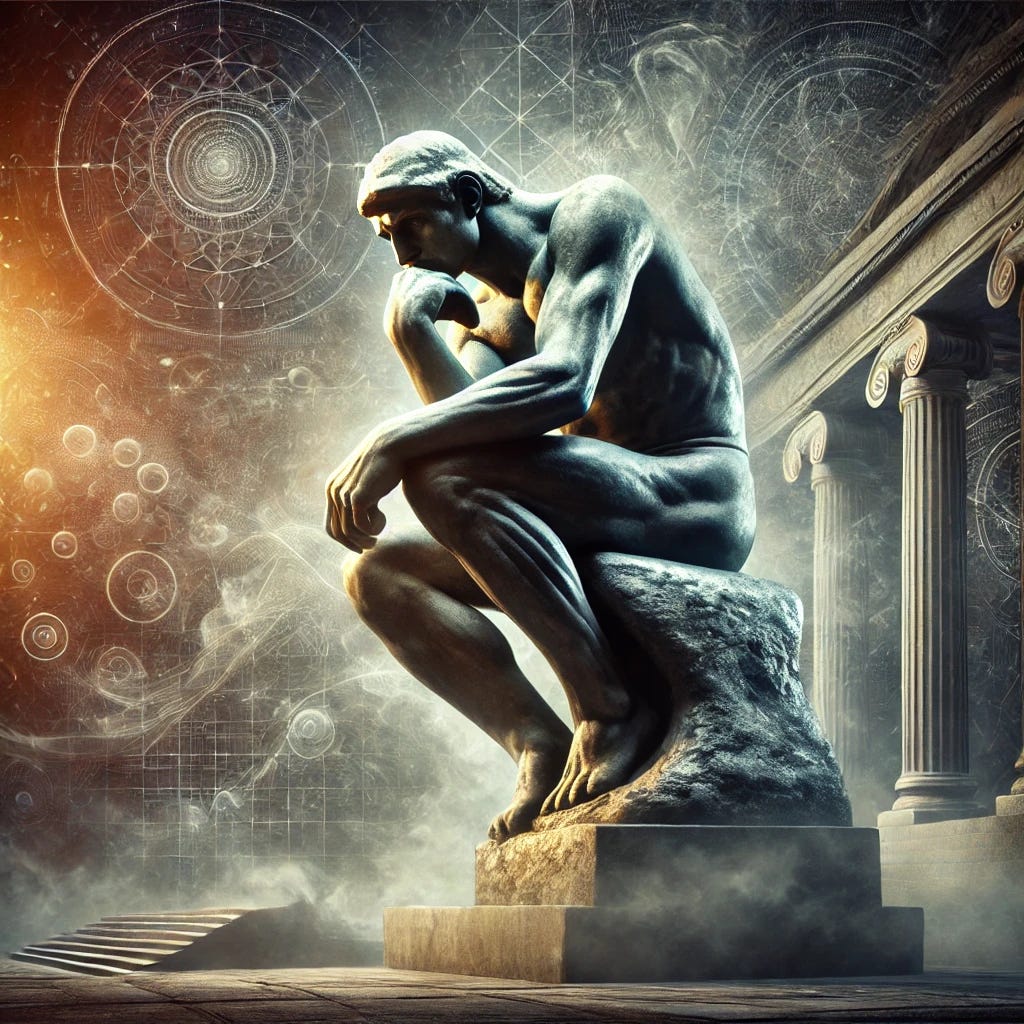 A highly detailed artistic rendering of 'The Thinker' statue by Auguste Rodin. The statue is depicted in a dramatic setting, illuminated by moody lighting that emphasizes its deep contemplation. The scene features a classical stone pedestal, surrounded by a misty, thought-provoking atmosphere. The background consists of abstract symbols of philosophy and reasoning, such as books, geometric patterns, and swirling ideas, enhancing the theme of intellectual depth and reflection.