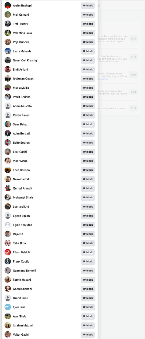 8 out of 17 full Screenshots of the Facebook Block List