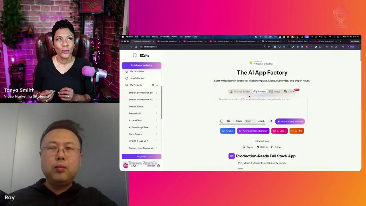 Split-screen shot showing the presenter at left and a crisp, readable EasySight prompt-builder interface on the right.