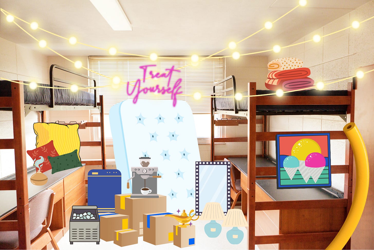 Dorm room with lofted beds and desks and piles of essential supplies for a student