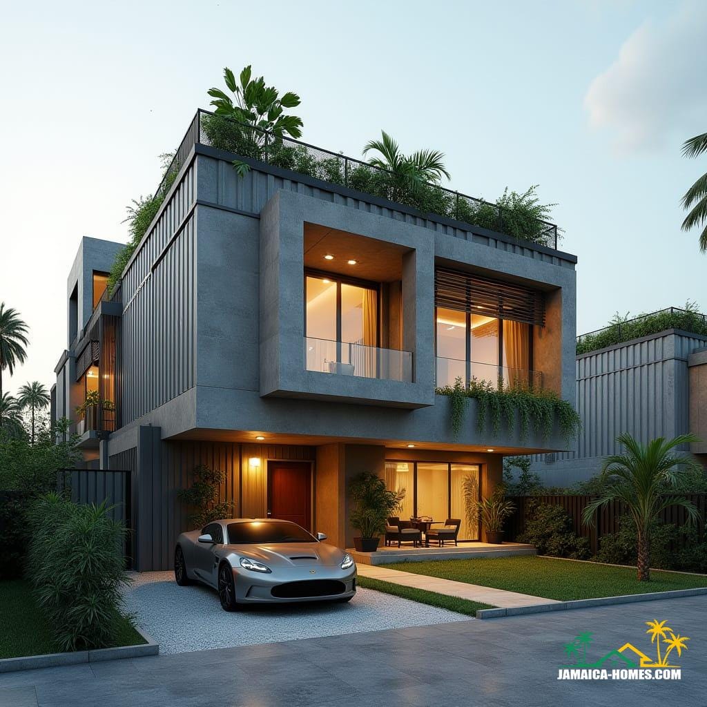 A creative Jamaican townhouse in Kingston made from stacked shipping containers and concrete blocks, bold geometric forms, large square windows, and flat roof with rooftop spa. Industrial chic detailing, rooftop garden.