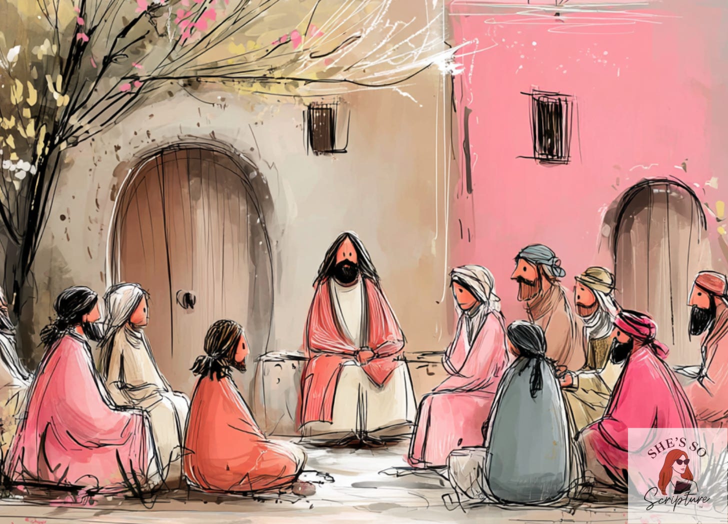 Watercolor illustration of Jesus teaching the Pharisees about the kingdom of God in Luke 17:21.