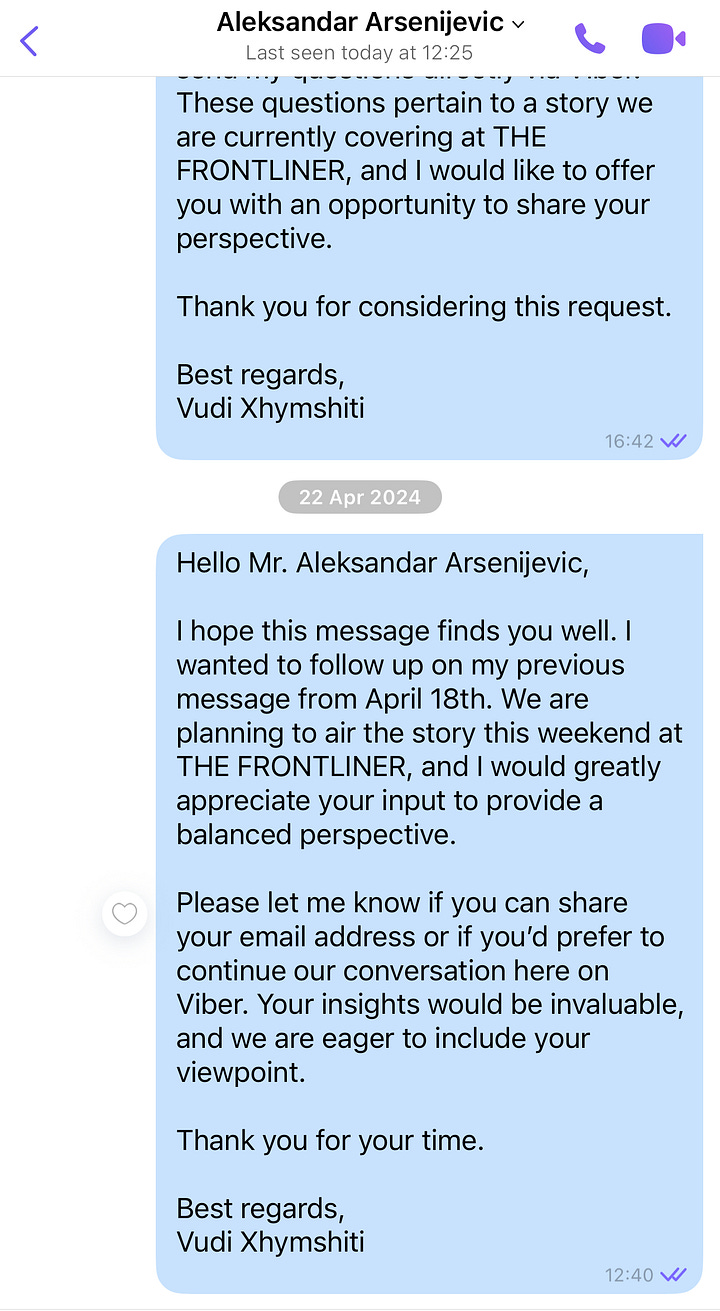 Screenshots of messages sent to Aleksandar Arsenijevic in April 2024 by The Frontliner Magazine (now Gunpowder Chronicles), requesting comment and offering him an opportunity to share his perspective. He never responded.