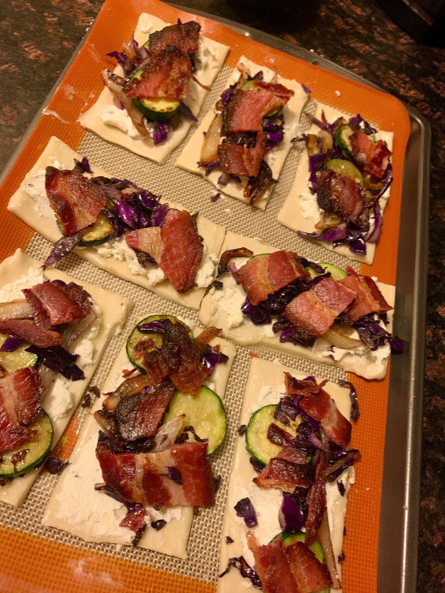 Top view of puff pastry topped with bacon