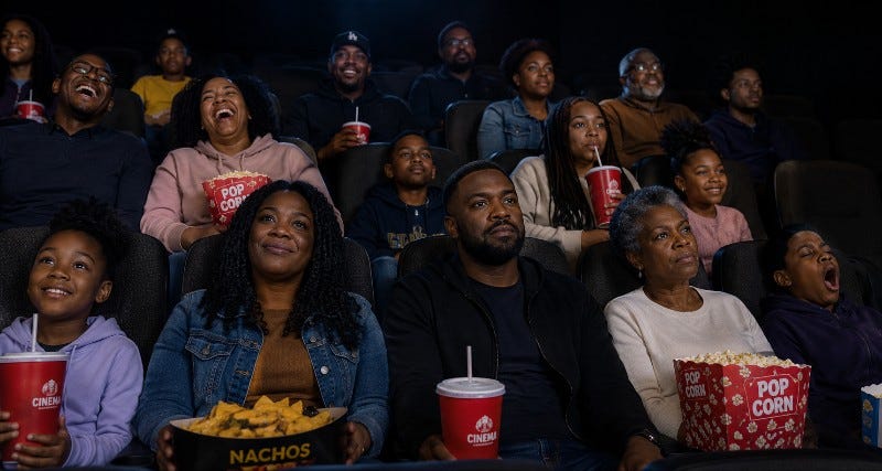 Black people in a movie theater with snacks and drinks