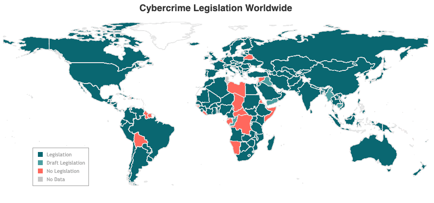 World map showing cybercrime legislation status: countries in teal have legislation, those in pink have draft legislation, and those in red have no legislation. Some areas lack data. World map showing cybercrime legislation status: countries in teal have legislation, those in pink have draft legislation, and those in red have no legislation. Some areas lack data.