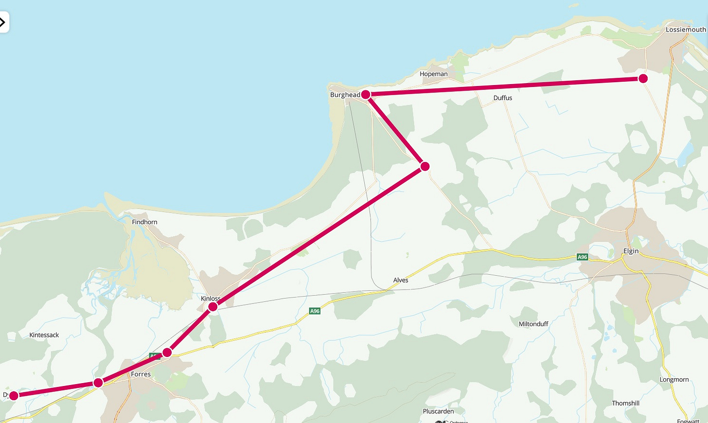 Map showing a possible continuation of the above early medieval routeway, heading eastwards from Dyke to Burghead and Kinneddar Map showing a possible continuation of the above early medieval routeway, heading eastwards from Dyke to Burghead and Kinneddar