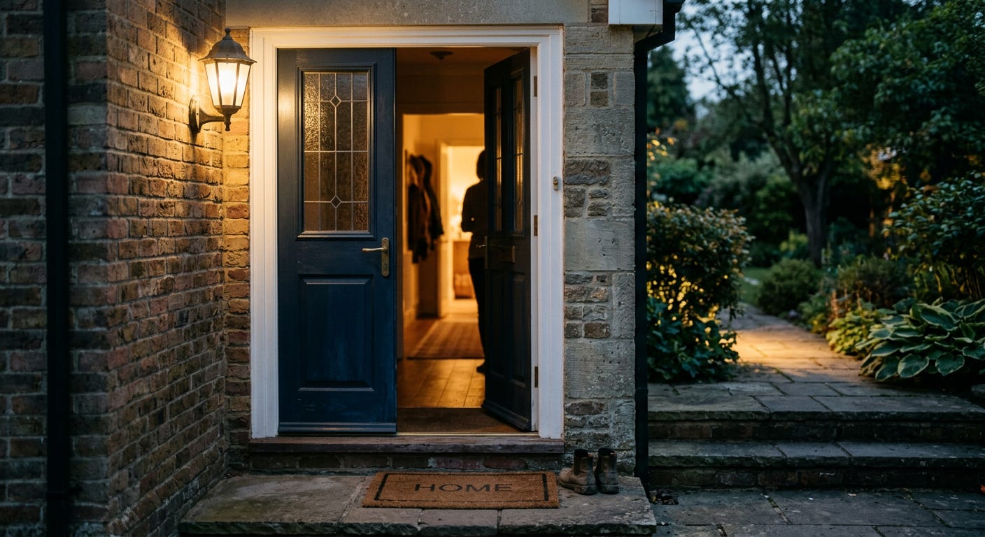 A front door slightly ajar with warm light spilling onto the doorstep, representing the moment the prior obligation of enduring community becomes concrete — the claim arriving at the door. A front door slightly ajar with warm light spilling onto the doorstep, representing the moment the prior obligation of enduring community becomes concrete — the claim arriving at the door.