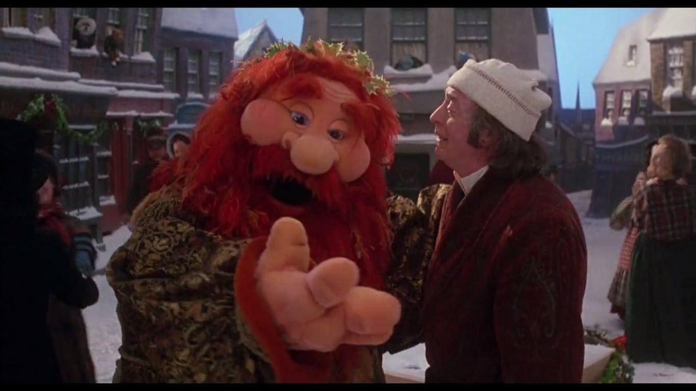 Scrooge and the ghost of Christmas present