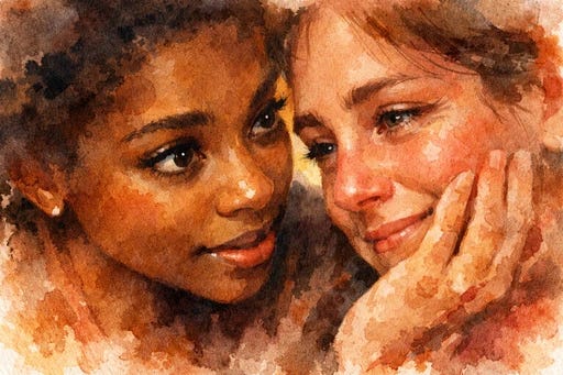 Close-up of two people in conversation, showing genuine curiosity and openness to understanding each other’s inner world