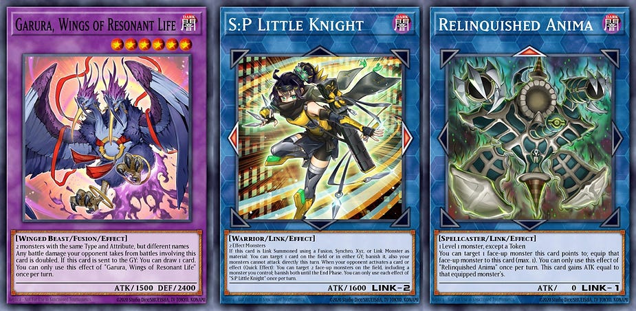 Three Yu-Gi-Oh! cards with vibrant artwork: Garura, SP Little Knight, and Relinquished Anima, each with descriptions and stats.