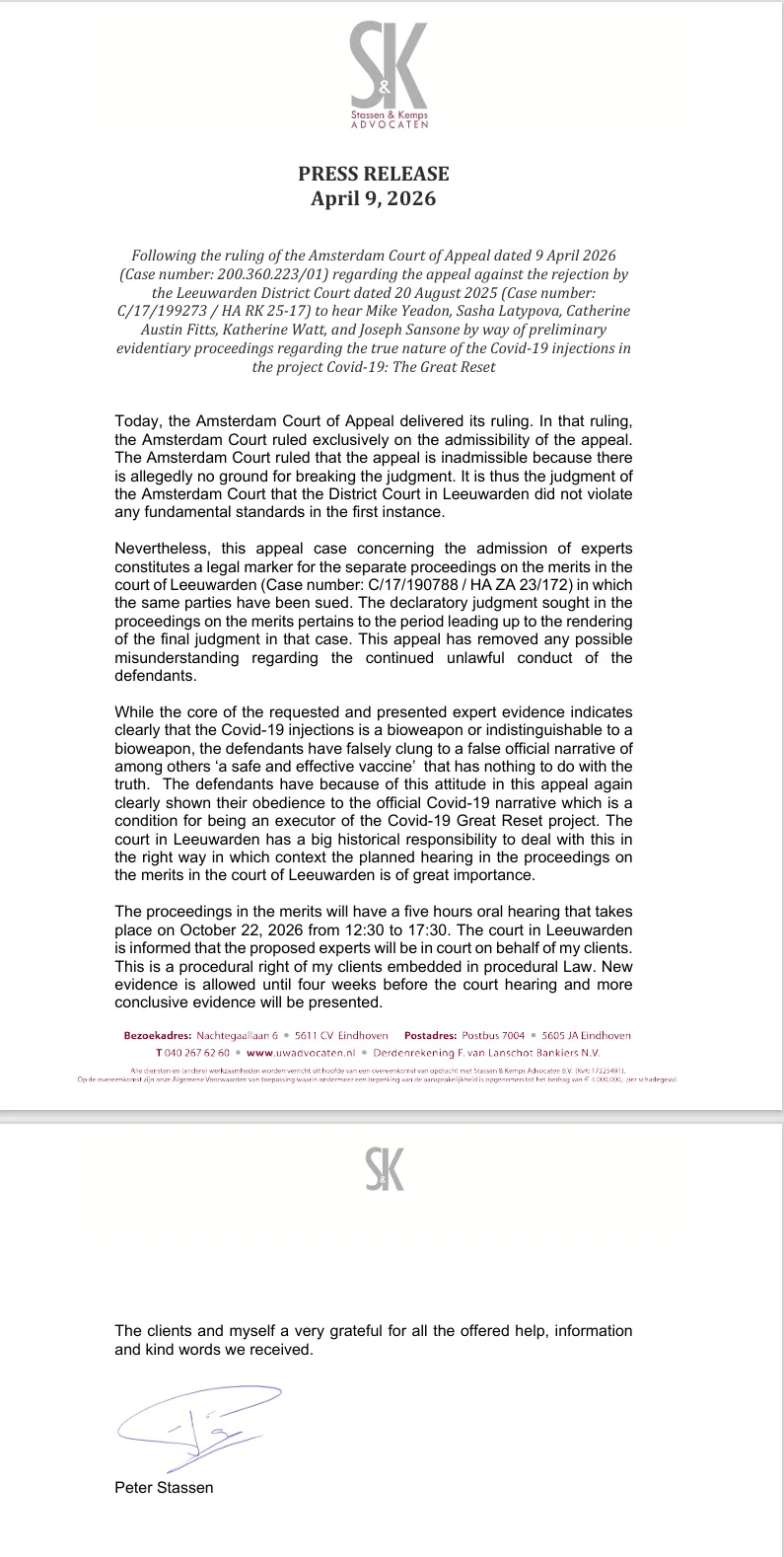 Niederländisches Gericht weist Berufung im Verfahren gegen Bill Gates und Pfizer-Chef Albert Bourla ab – Hauptverhandlung für Oktober angesetzt