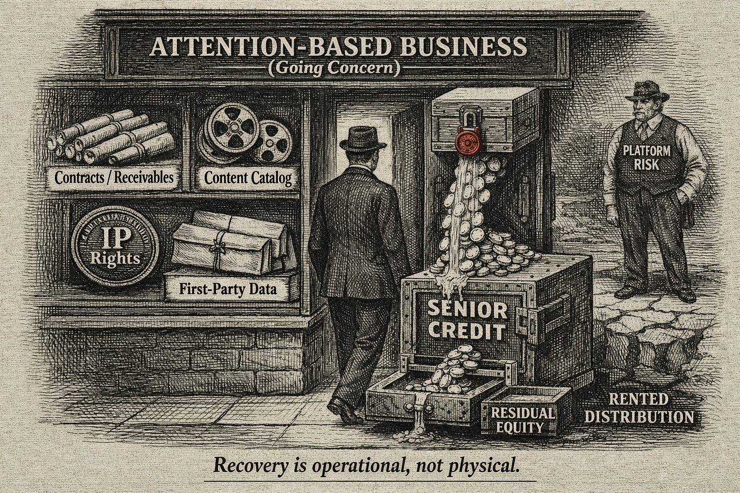 Illustration comparing failed media equity investments like Vice and BuzzFeed with disciplined credit underwriting, highlighting the difference between growth-based media equity and behavior-based credit risk.