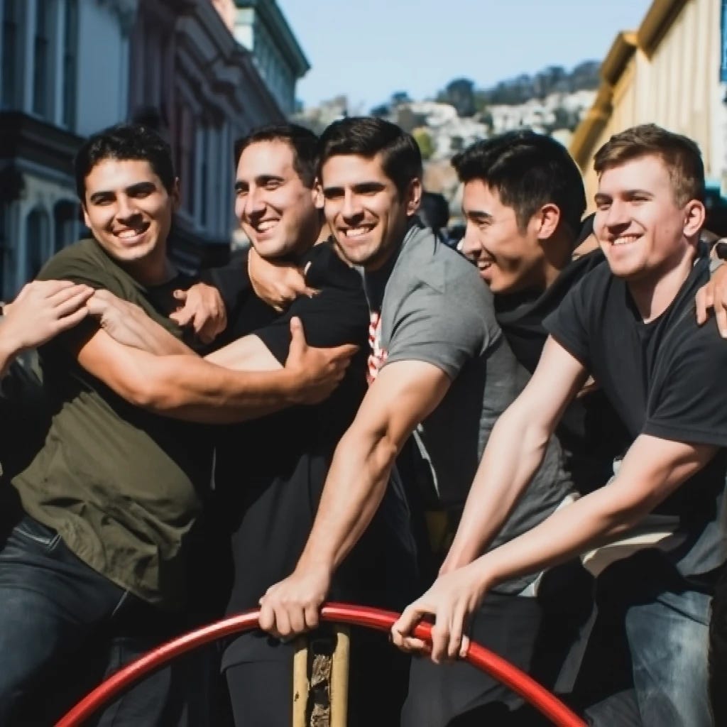 white men  smiling and  creating a train by holding on to waist in front of them on trolly in San francisco 