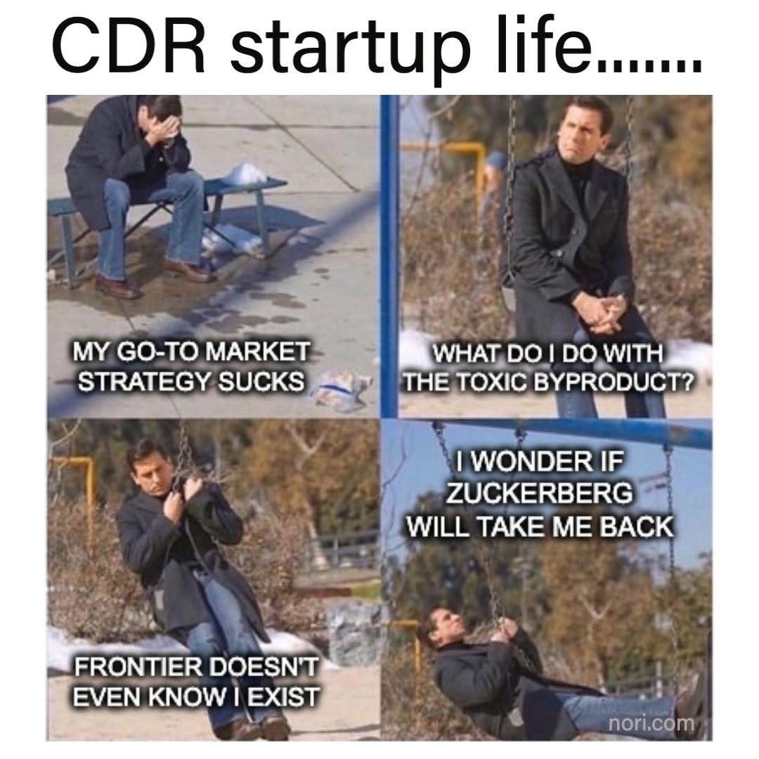 Text: "CDR startup life......." Four stills of Michael Scott alone at a playground: "My go-to market strategy sucks." "What do I do with the toxic byproduct?" "Frontier doesn't even know I exist." "I wonder if Zuckerberg will take me back."