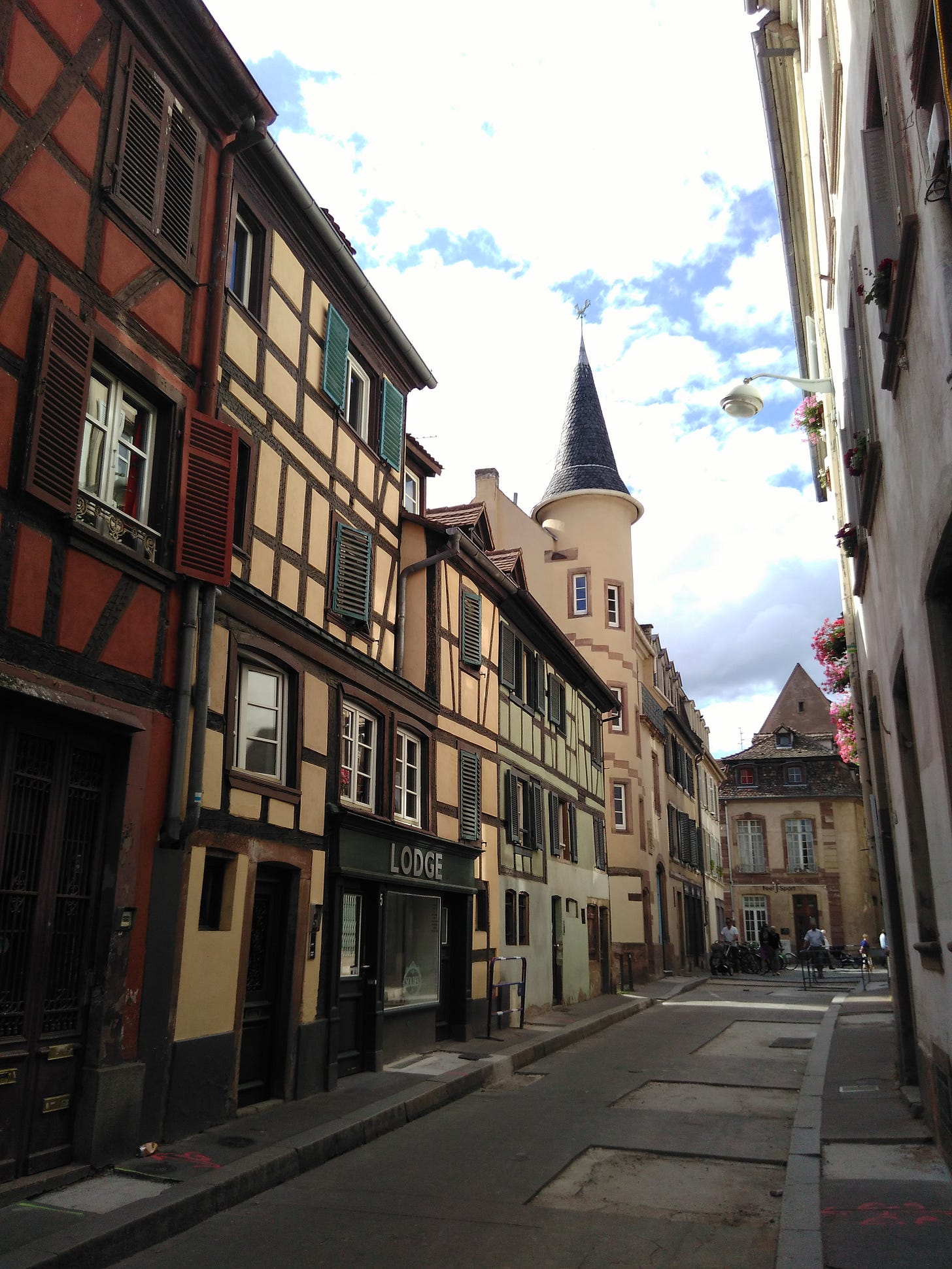 Colorful half-timbered houses along a narrow street