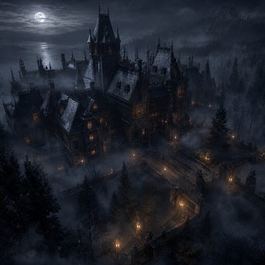 Vallakovich Mansion seen from above under the moonlight, rooftops gleaming faintly with silver glow. Mist drifting between chimneys and courtyards like slow-moving ghosts. Lanterns below casting dim amber pools barely piercing the fog. Mansion appearing as a silent, watchful fortress of secrets in the Barovian night.