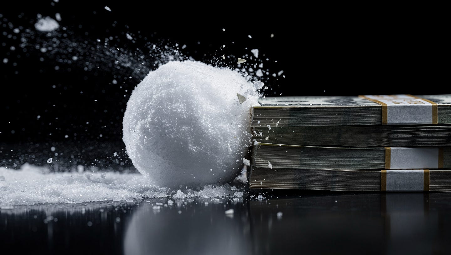 Realistic macro photograph of a large, textured snowball mid-roll across a dark reflective surface, motion trail frozen in the air, crashing head-on into a low wall built from neatly stacked dollar bills; absolute black background; dramatic cold side lighting that reveals the crystalline texture of the snow and the fibers of the banknotes; extremely shallow depth of field with the point of impact in sharp focus and the edges falling out of focus; tense, cinematic, abrupt-stop atmosphere; no text, no logos, no flags, no people. Realistic macro photograph of a large, textured snowball mid-roll across a dark reflective surface, motion trail frozen in the air, crashing head-on into a low wall built from neatly stacked dollar bills; absolute black background; dramatic cold side lighting that reveals the crystalline texture of the snow and the fibers of the banknotes; extremely shallow depth of field with the point of impact in sharp focus and the edges falling out of focus; tense, cinematic, abrupt-stop atmosphere; no text, no logos, no flags, no people.