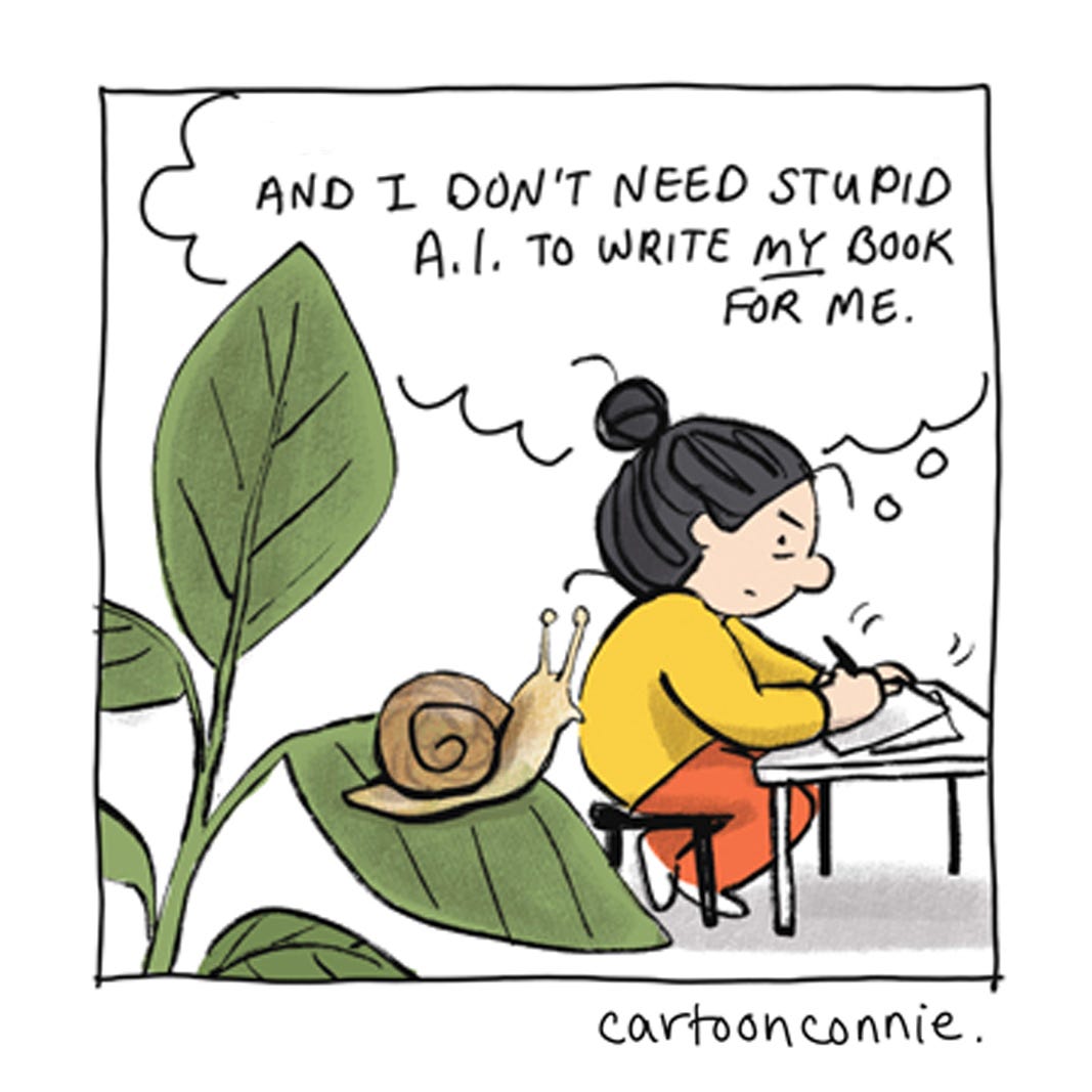 Panel 6 of a 6-panel autobio comic strip about the challenges of writing a book and how long and arduous the process can be. Titled "A Snail's Pace," 2026. Original art by Connie Sun, cartoonconnie.
