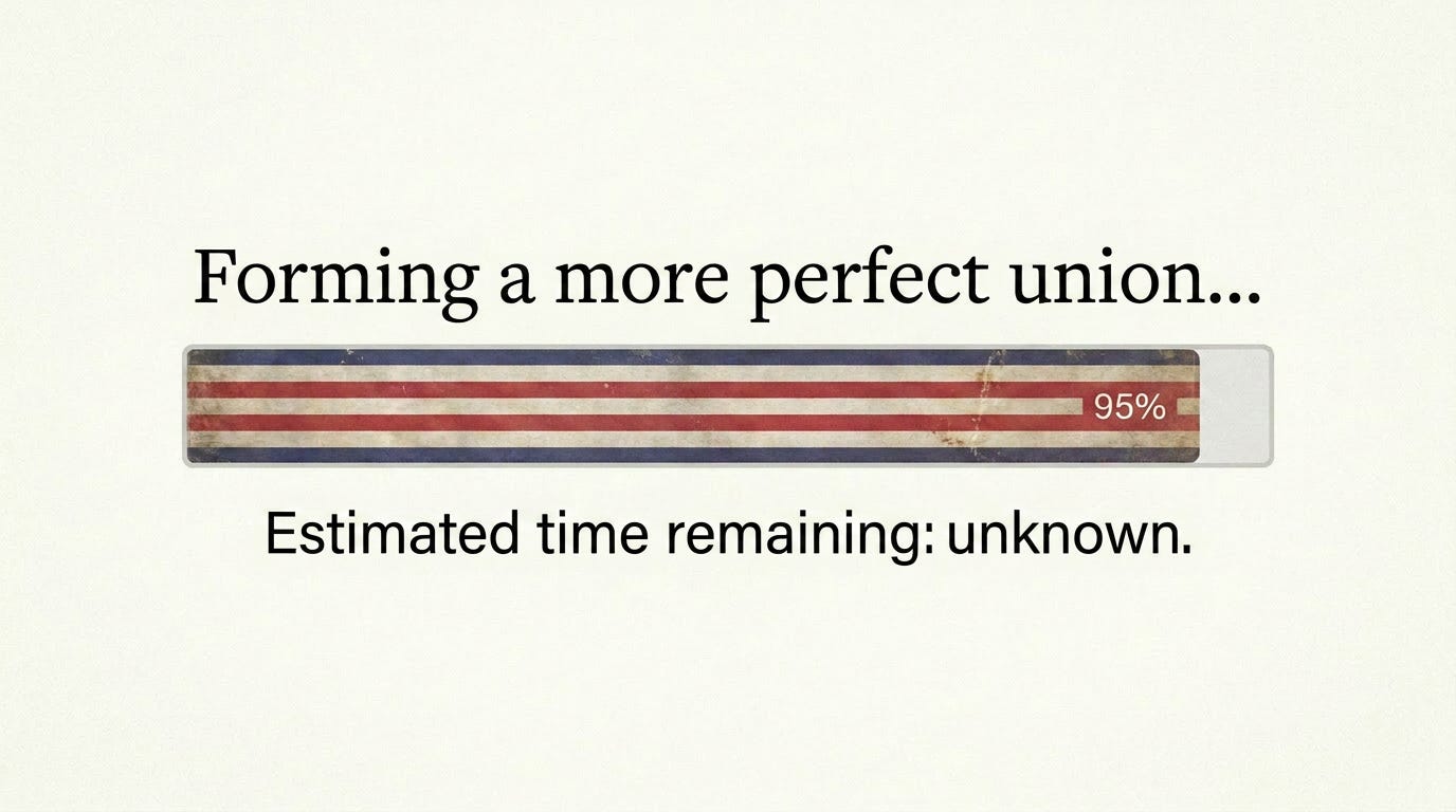 Distressed American flag progress bar stuck at 95 percent under the text "Forming a more perfect union," with estimated time remaining listed as unknown. Distressed American flag progress bar stuck at 95 percent under the text "Forming a more perfect union," with estimated time remaining listed as unknown.